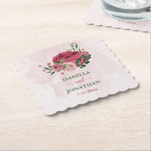 Roze bloemen Groene bladeren bruiloft Kartonnen Onderzetters