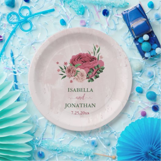 Roze bloemen Groene bladeren bruiloft Papieren Bordje (Feest)