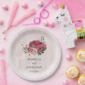 Roze bloemen Groene bladeren bruiloft Papieren Bordje (Feest)
