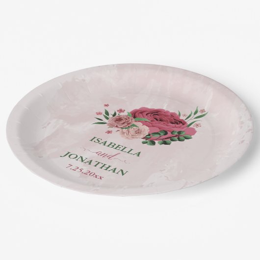 Roze bloemen Groene bladeren bruiloft Papieren Bordje (Gekanteld)