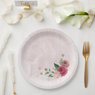 roze bloemen groene bladeren bruiloft papieren bordje