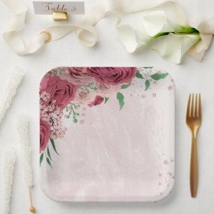 roze bloemen groene bladeren bruiloft papieren bordje