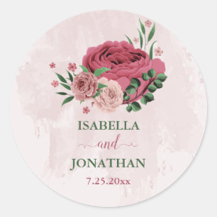 Roze bloemen Groene bladeren bruiloft Ronde Sticker