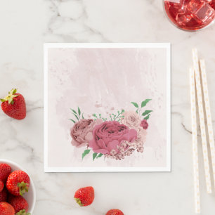 roze bloemen groene bladeren bruiloft servet
