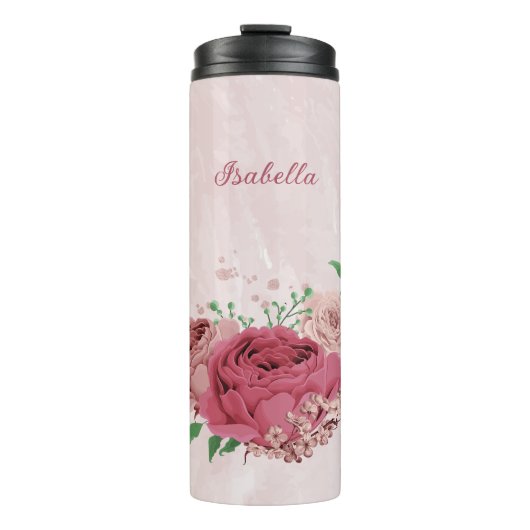 roze bloemen groene bladeren bruiloft thermosbeker (Voorkant)