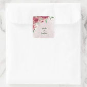 Roze bloemen Groene bladeren bruiloft Vierkante Sticker (Tas)