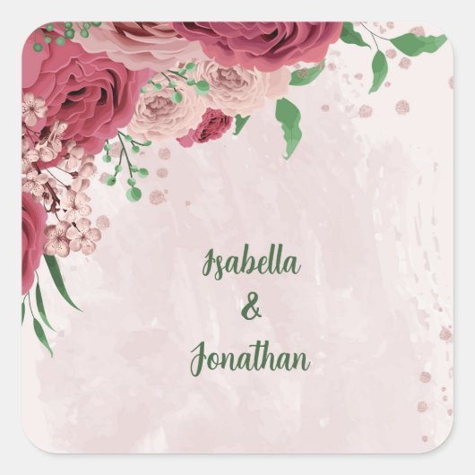 Roze bloemen Groene bladeren bruiloft Vierkante Sticker (Voorkant)