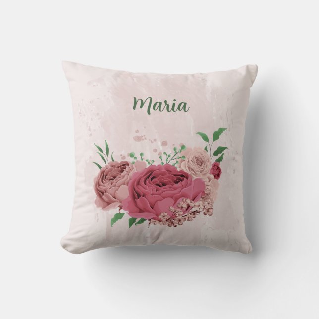 roze bloemen groene bladeren  kussen (Voorkant)