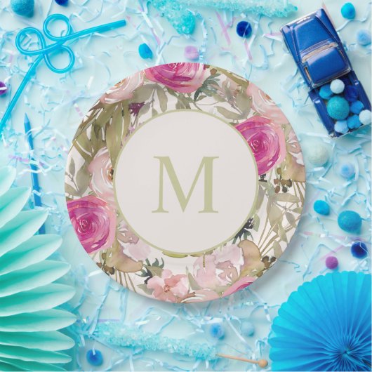 Roze bloemen Groene bladeren Monogram Initiaal Papieren Bordje (Feest)