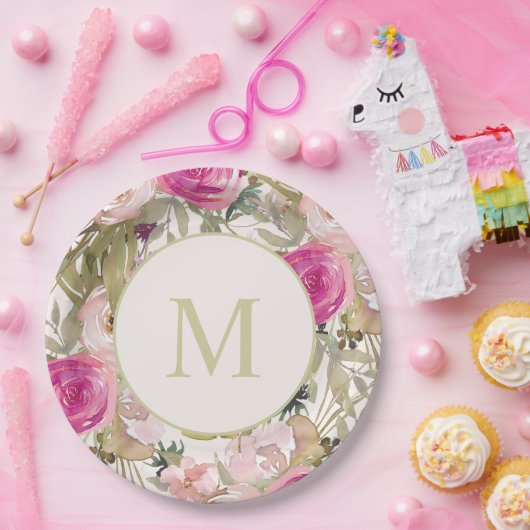 Roze bloemen Groene bladeren Monogram Initiaal Papieren Bordje (Feest)