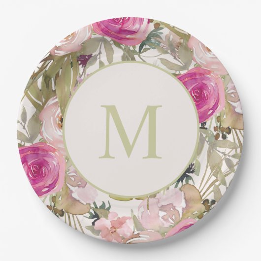 Roze bloemen Groene bladeren Monogram Initiaal Papieren Bordje (Voorkant)