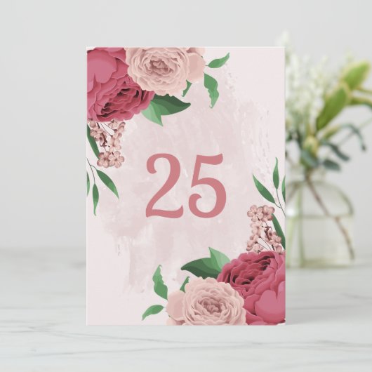 Roze Bloemen Groene Bladeren Tafel Nummer Kaart (Staand voorkant)