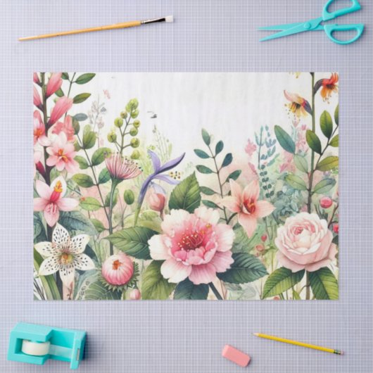 Roze bloemen groene bladeren tissuepapier (Craft)