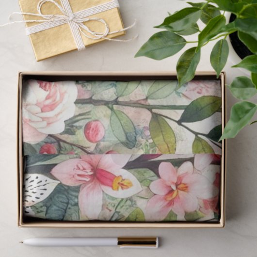 Roze bloemen groene bladeren tissuepapier (Geschenk)