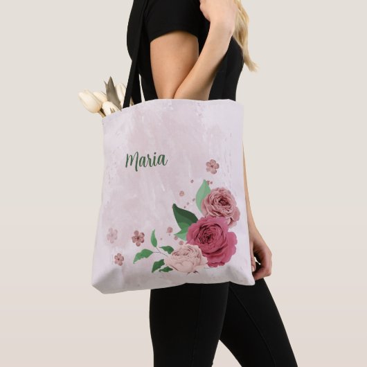 roze bloemen groene bladeren tote bag (Dichtbij)