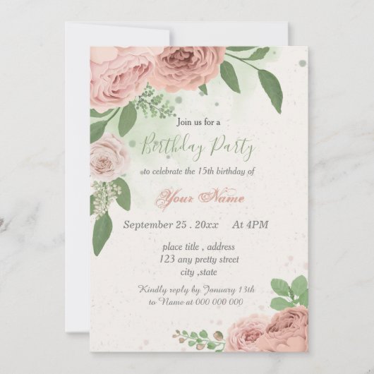 roze bloemen groene bladeren verjaardag kaart (Voorkant)