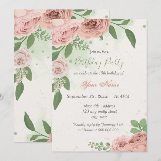 roze bloemen groene bladeren verjaardag kaart (Voorkant / Achterkant)