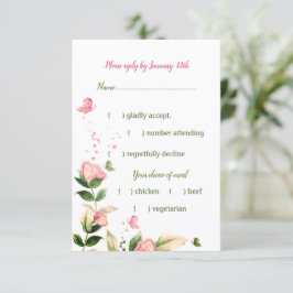 roze bloemen groene bladeren vlinder RSVP kaartje