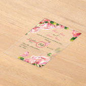 roze bloemen groene bladeren vlinders bruiloft acryl uitnodigingen (Laagn)