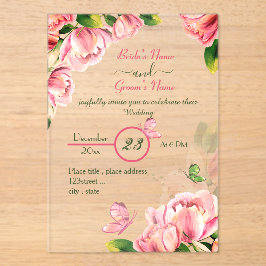 roze bloemen groene bladeren vlinders bruiloft acryl uitnodigingen