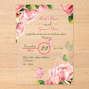 roze bloemen groene bladeren vlinders bruiloft acryl uitnodigingen