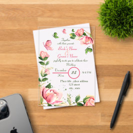 roze bloemen groene bladeren vlinders bruiloft acryl uitnodigingen