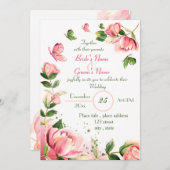 roze bloemen groene bladeren vlinders bruiloft kaart (Voorkant / Achterkant)