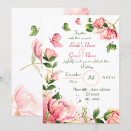 roze bloemen groene bladeren vlinders bruiloft kaart