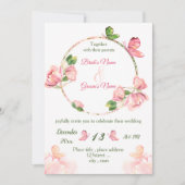 roze bloemen groene bladeren vlinders bruiloft kaart (Voorkant)
