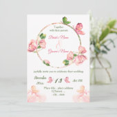 roze bloemen groene bladeren vlinders bruiloft kaart (Staand voorkant)