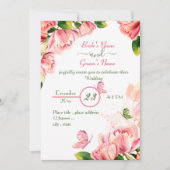 roze bloemen groene bladeren vlinders bruiloft kaart (Voorkant)