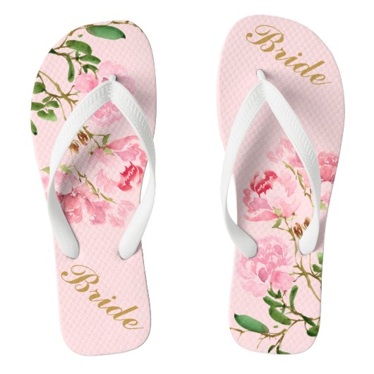 Roze bloemen Groene bladeren Waterverf Golden Brid Teenslippers (Voetbed)