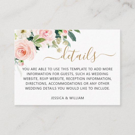 Roze Bloemen Groene Bloemstukken Trouwdetails Informatiekaartje (Voorkant)
