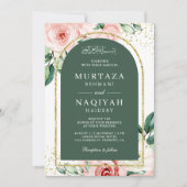 Roze Bloemen Groene Boog QR Code Moslim Bruiloft Kaart (Voorkant)