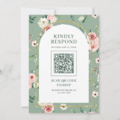 Roze Bloemen Groene Boog QR Code Moslim Bruiloft Kaart (Achterkant)