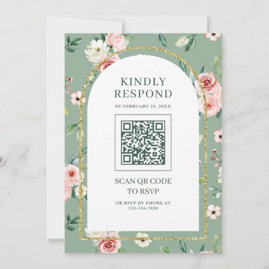 Roze Bloemen Groene Boog QR Code Moslim Bruiloft Kaart (Achterkant)