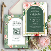 Roze Bloemen Groene Boog QR Code Moslim Bruiloft Kaart