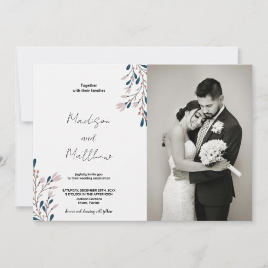 Roze Bloemen Groene Bruiloft Uitnodigingen met fot (Voorkant)