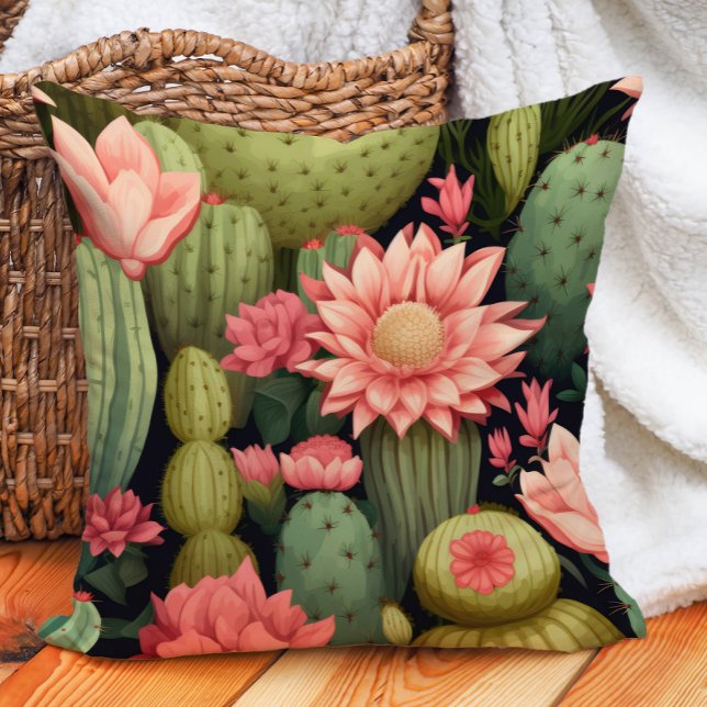 Roze Bloemen Groene Cactus Zwarte Woestijn Bohemia Kussen (Desert cactus pink flowers succulents on black pillow)