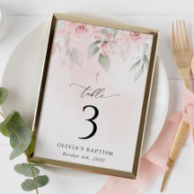 Roze Bloemen, Groene Decoratie, Doop Tafel Nummers