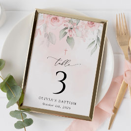 Roze Bloemen, Groene Decoratie, Doop Tafel Nummers Kaart