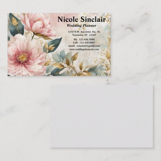 Roze Bloemen Groene & Gouden Accenten Bruiloften E Visitekaartje (Voorkant / Achterkant)