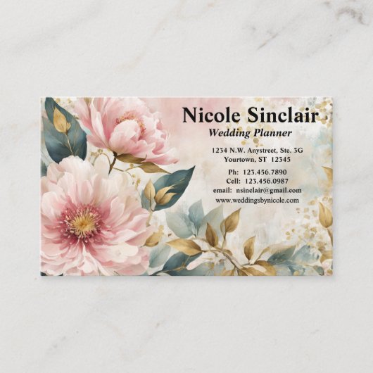 Roze Bloemen Groene & Gouden Accenten Bruiloften E Visitekaartje (Voorkant)