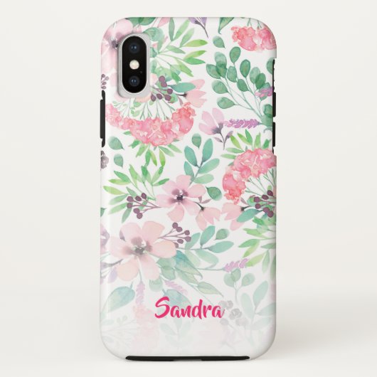 Roze bloemen Groene Leafs Patroonmonogram Case-Mate iPhone Case (Achterkant)