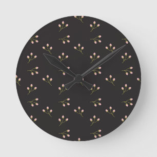 Roze bloemen Groene Stem Zwarte Floral Spring Ronde Klok