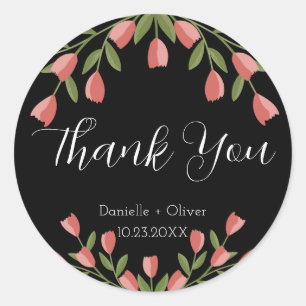 Roze Bloemen Groenelementen Dank Je Zwarte Ronde Sticker
