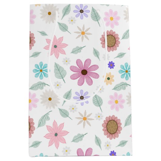  roze bloemen Groovy Retro Design Medium Cadeauzakje (Voorkant)