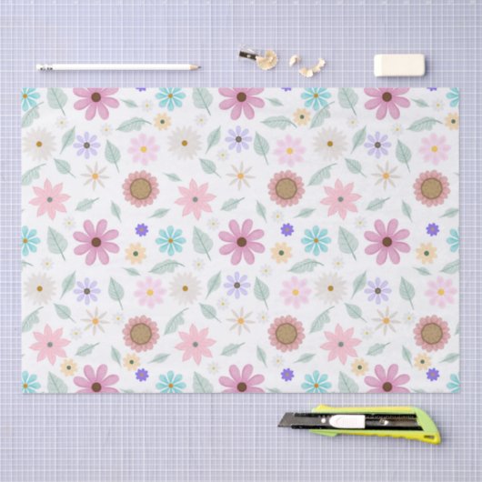  roze bloemen Groovy Retro Design Tissuepapier (Craft)