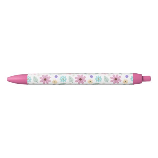 roze bloemen Groovy Retro Design Zwarte Inkt Pen (Voorkant)