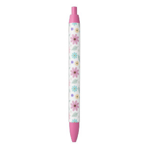 roze bloemen Groovy Retro Design Zwarte Inkt Pen